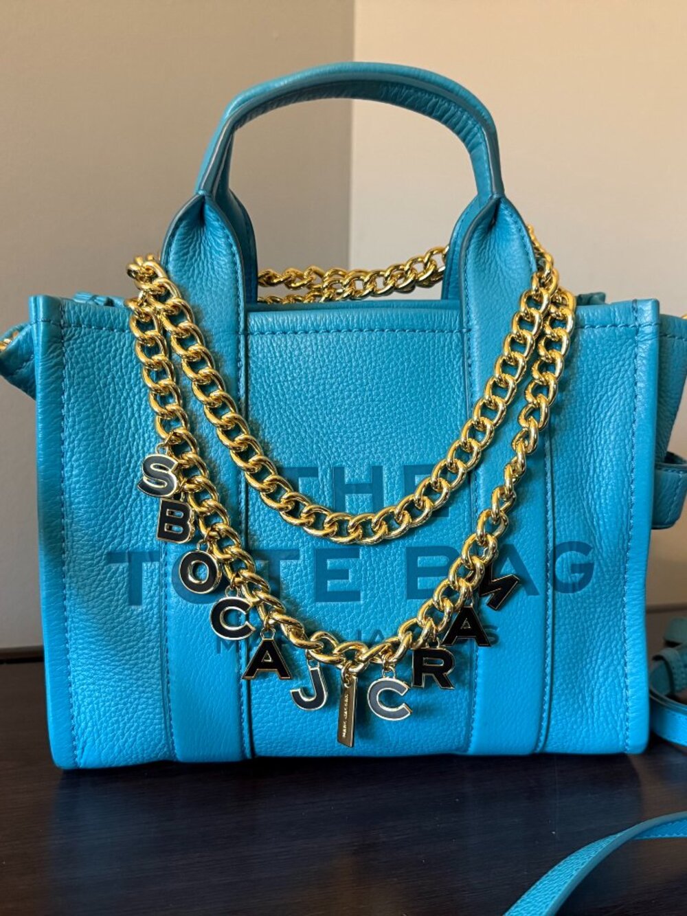 Marc Jacobs Blue Leather The Tote Bag Crossbody w/ Gold "MARC JACOBS" Chain